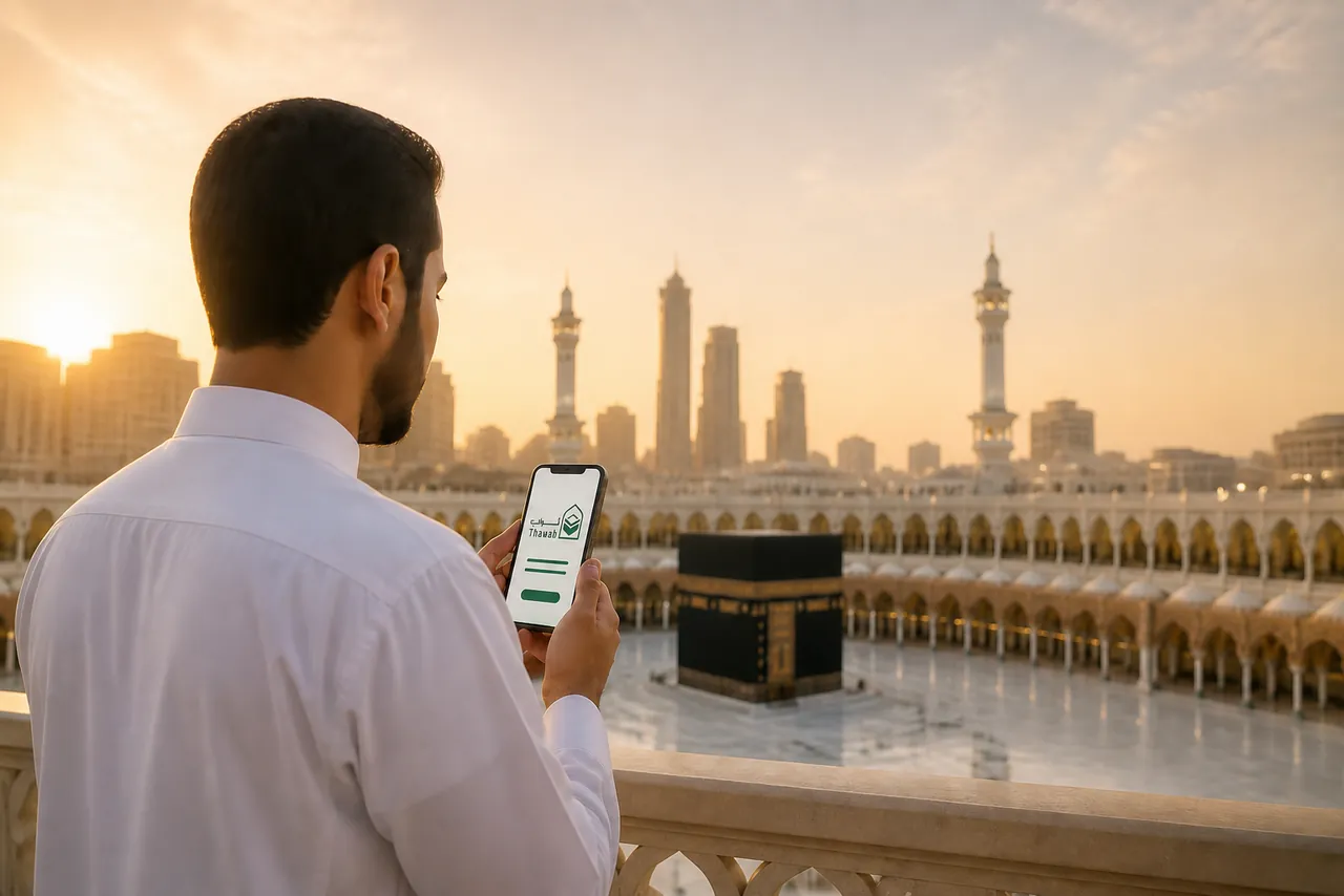 متبرع يستخدم منصة ثواب أمام الكعبة المشرفة